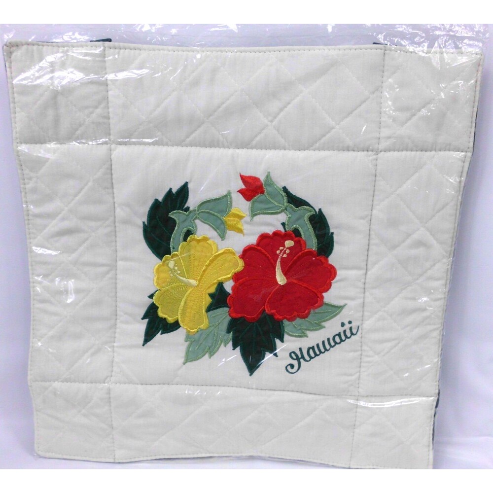 Vintage Hawaii Hibiscus Hot Pad Potholder Wall Hanging Quilted w Straps 12x12